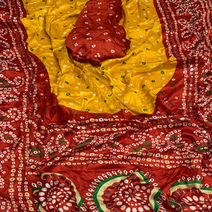 Yellow & Red Bandhani Printed Chiffon Saree With Mirror Border