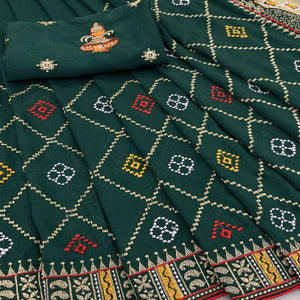 Bottle Green Embroidered Vichitra Silk Saree