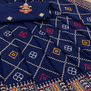 Navy Blue Embroidered Vichitra Silk Saree