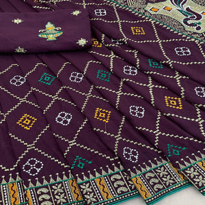 Wine Embroidered Vichitra Silk Saree