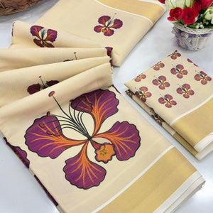 Chikoo Cotton Silk Saree Adorned With Floral Mill Print & Rich Zari Weaving Border Work