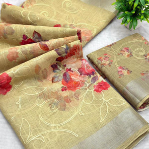 Beige Floral Printed Linen Cotton Saree with Subtle Texture and Thread Work Highlights