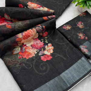 Black Floral Printed Linen Cotton Saree with Subtle Texture and Thread Work Highlights