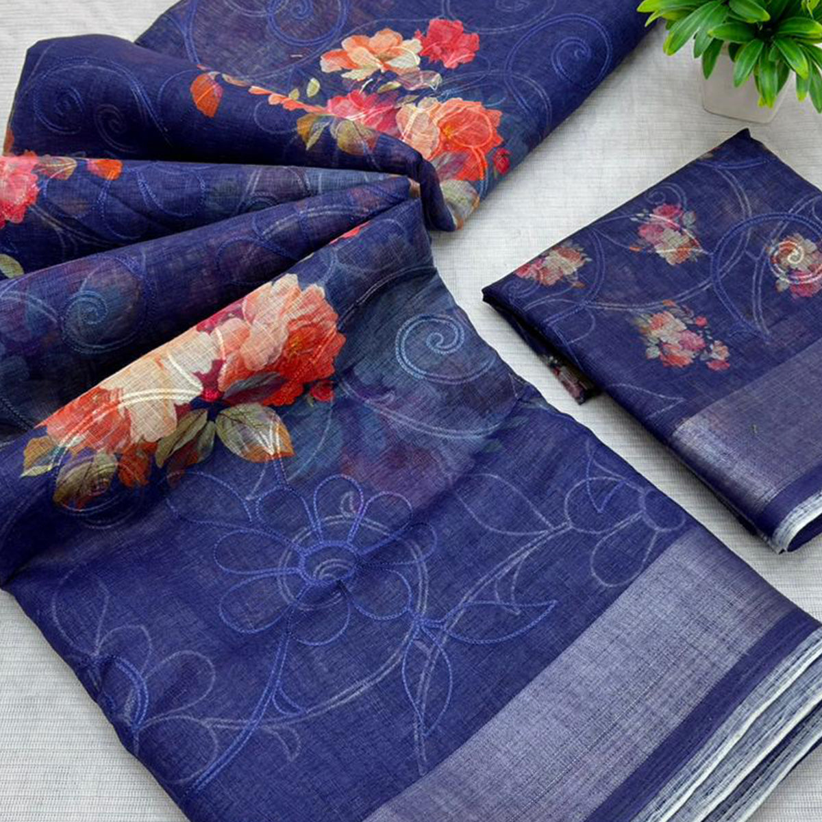 Blue Floral Printed Linen Cotton Saree with Subtle Texture and Thread Work Highlights