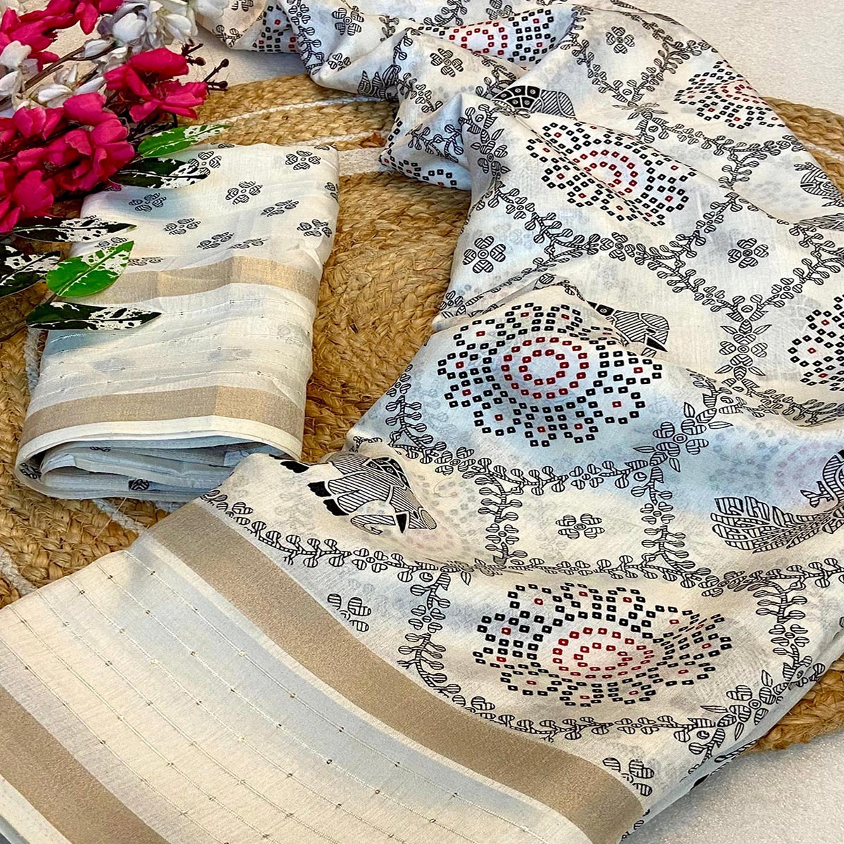 Cream Traditional Warli Print Dola Silk Saree Accented with Sequins Border