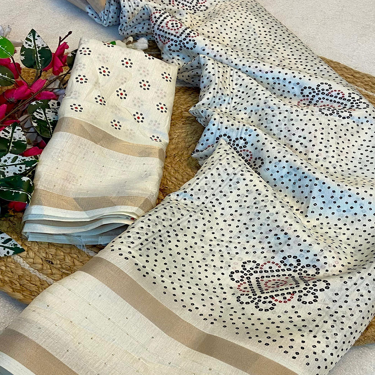 Cream Saree in Dola Silk with Bandhani Print and Shimmering Sequins Edge