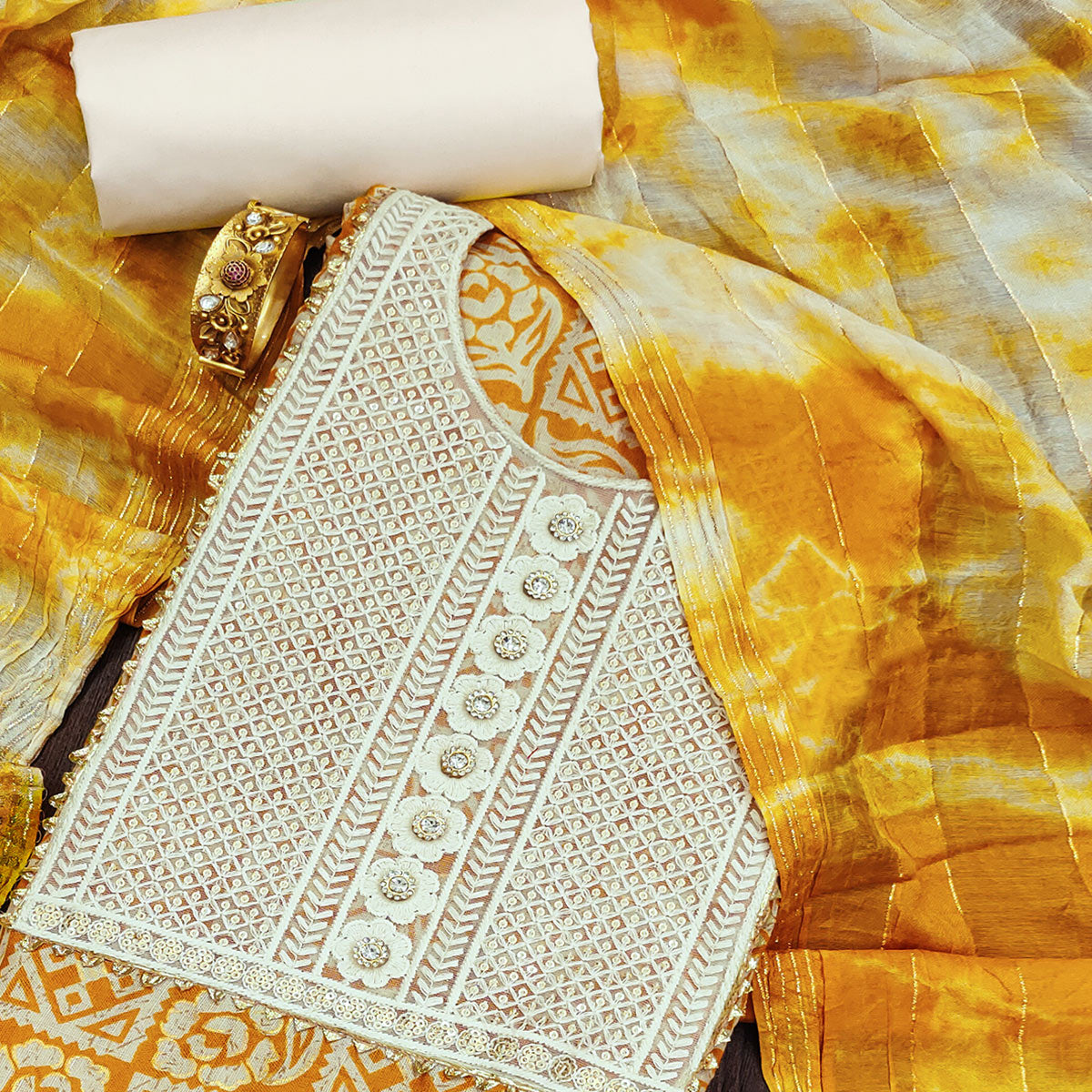 Yellow Printed With Embroidered Pure Cotton Dress Material