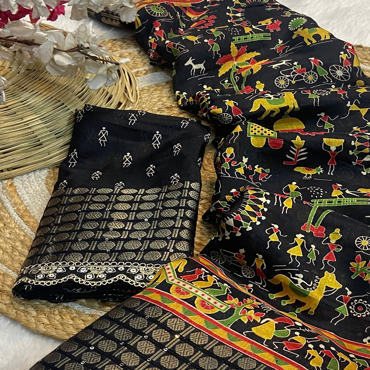 Black Warli Printed Dola Silk Saree With Sequins Border