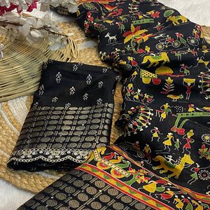 Black Warli Printed Dola Silk Saree With Sequins Border