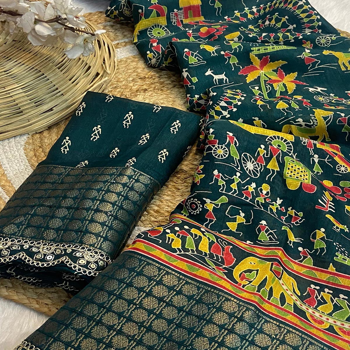 Green Warli Printed Dola Silk Saree With Sequins Border