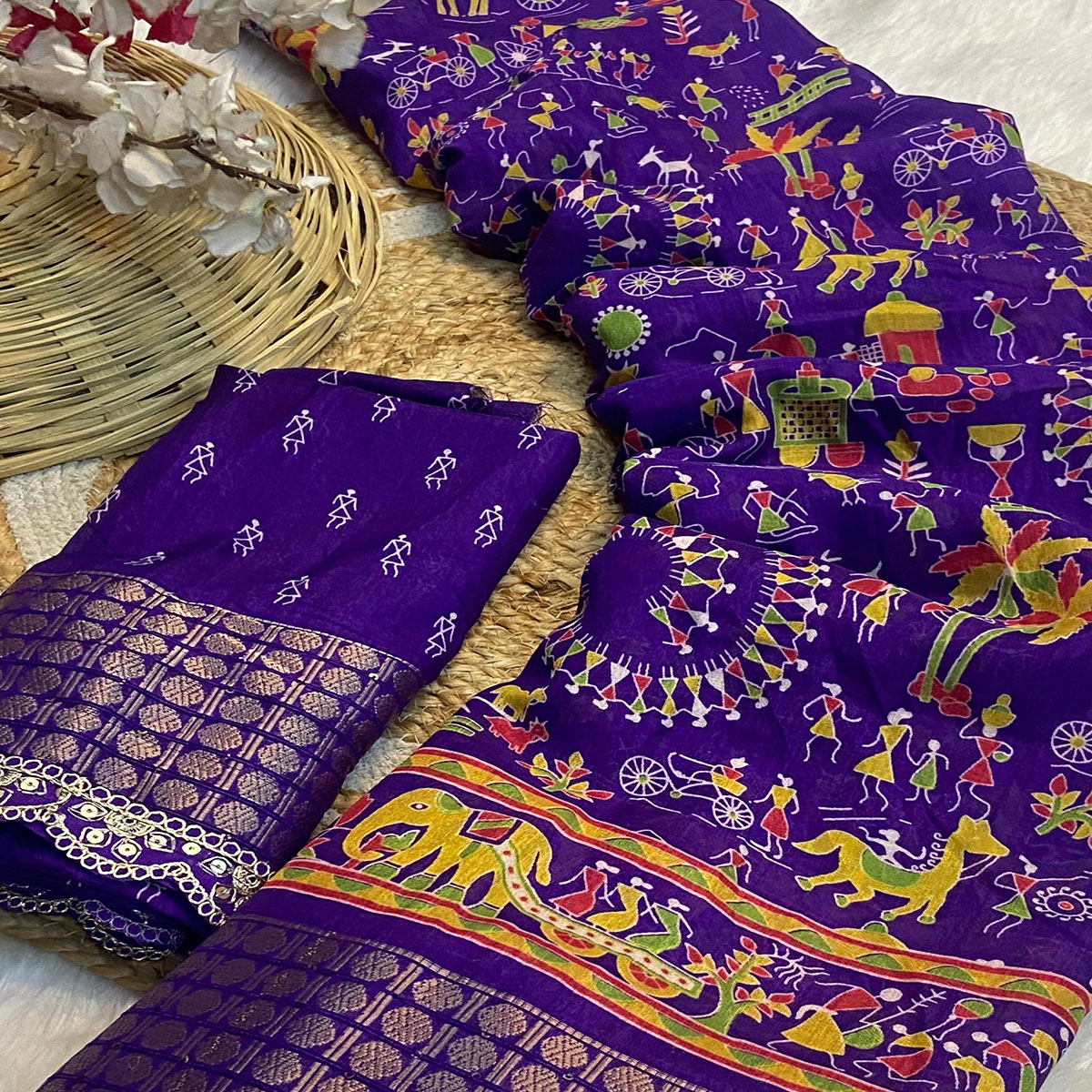 Purple Warli Printed Dola Silk Saree With Sequins Border