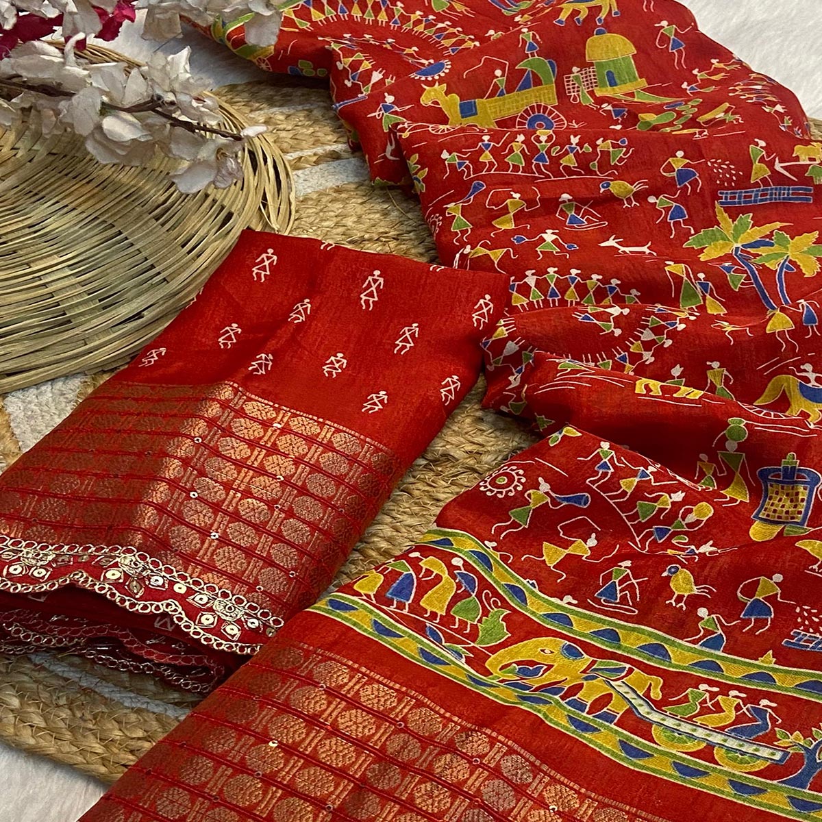 Red Warli Printed Dola Silk Saree With Sequins Border