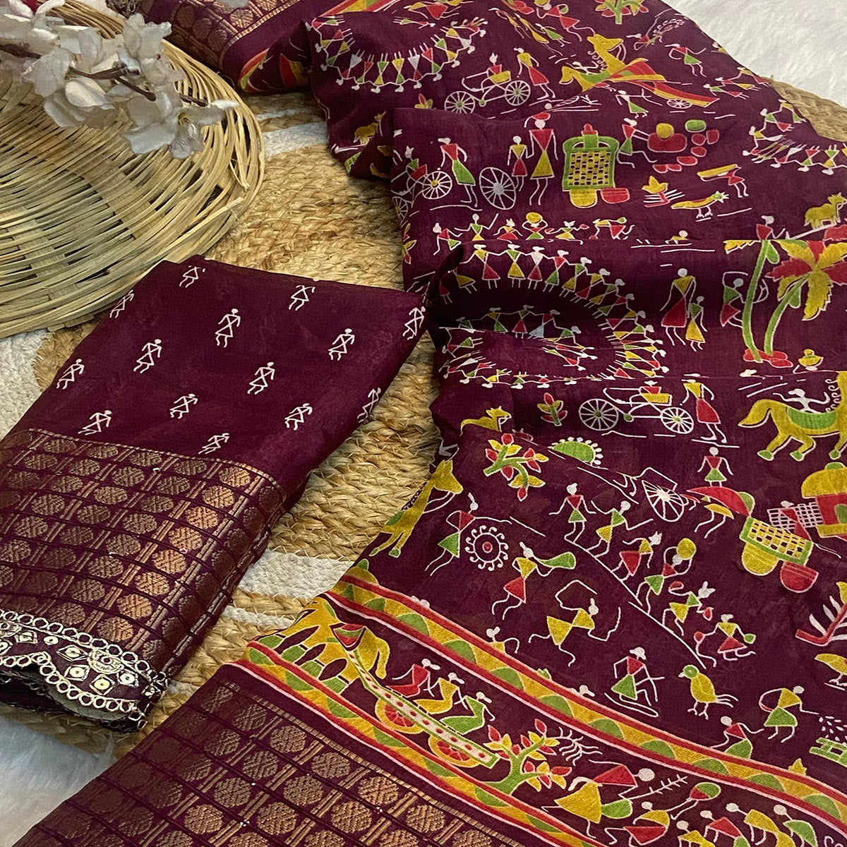 Wine Warli Printed Dola Silk Saree With Sequins Border