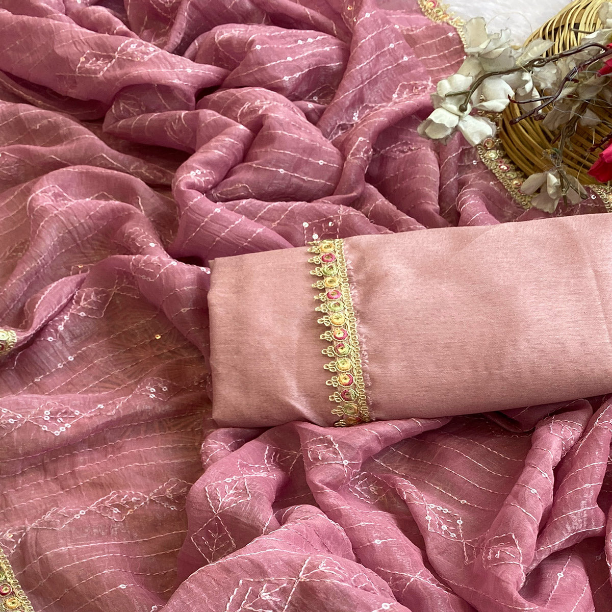 Dusty Pink Embroidered Silk Blend Saree Accented with Sequins