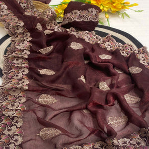 Maroon Embroidered Thread Work Saree in Flowy Chiffon Silk