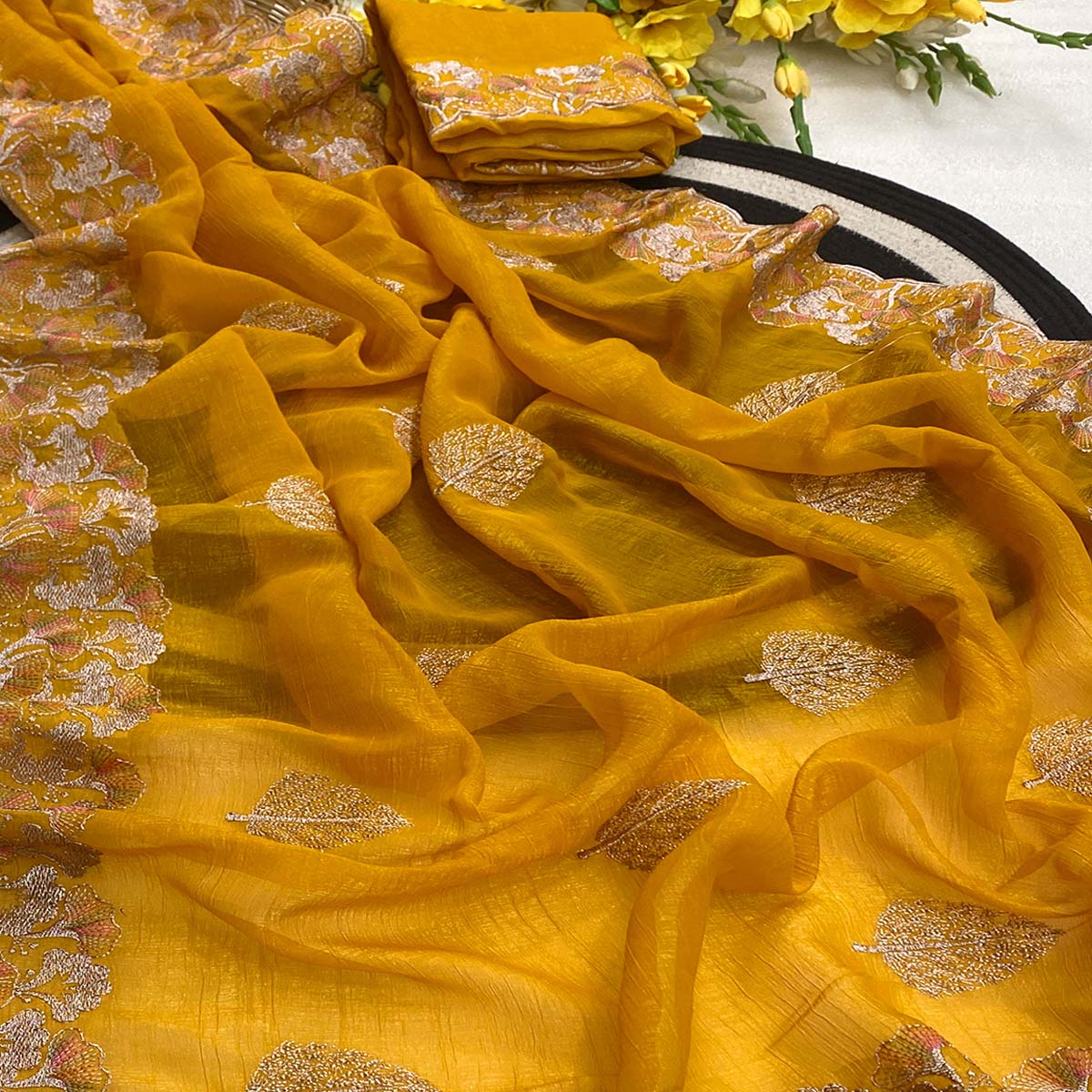 Mustard Embroidered Thread Work Saree in Flowy Chiffon Silk