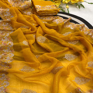 Mustard Embroidered Thread Work Saree in Flowy Chiffon Silk