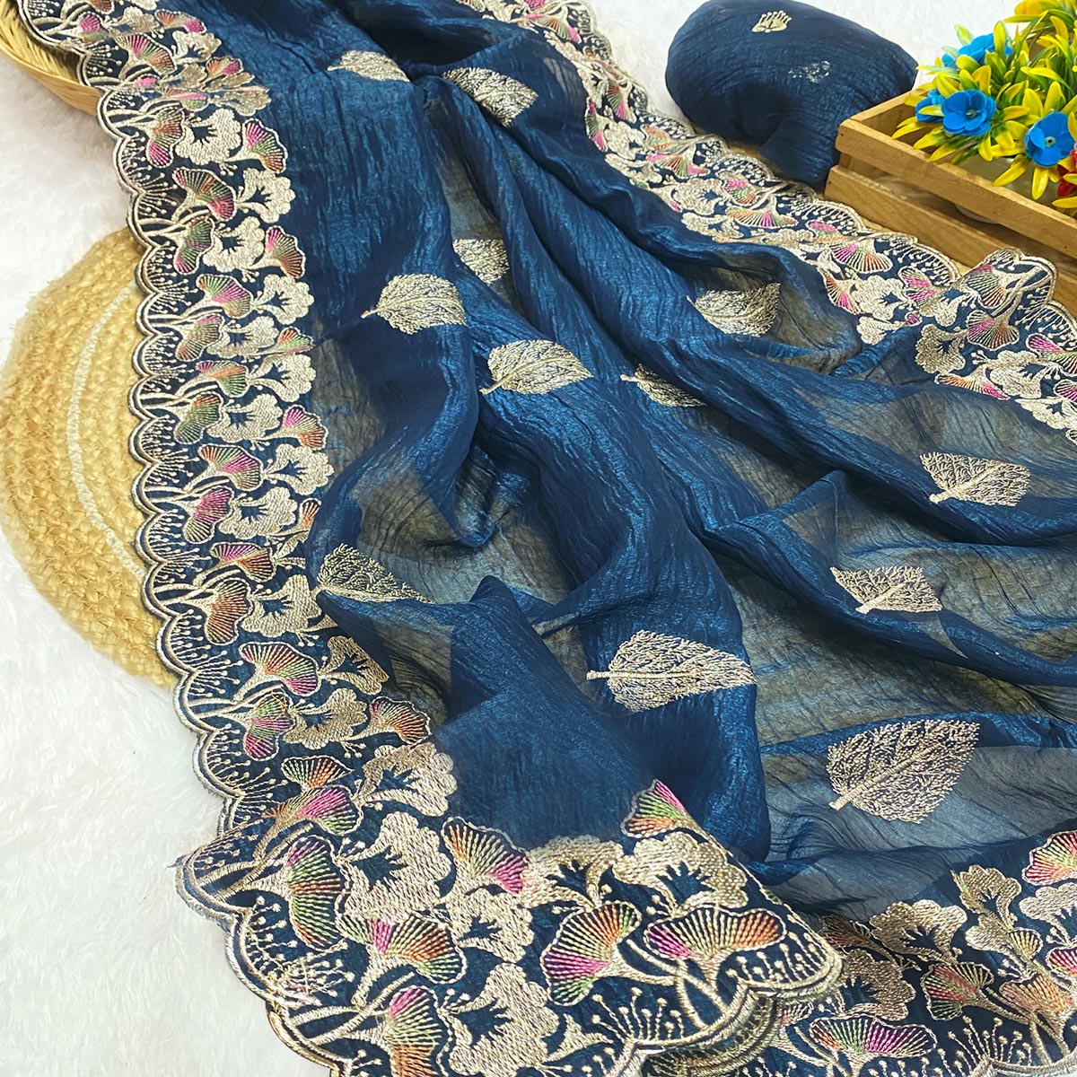 Teal Floral Embroidered Saree in Crunchy Silk Blend