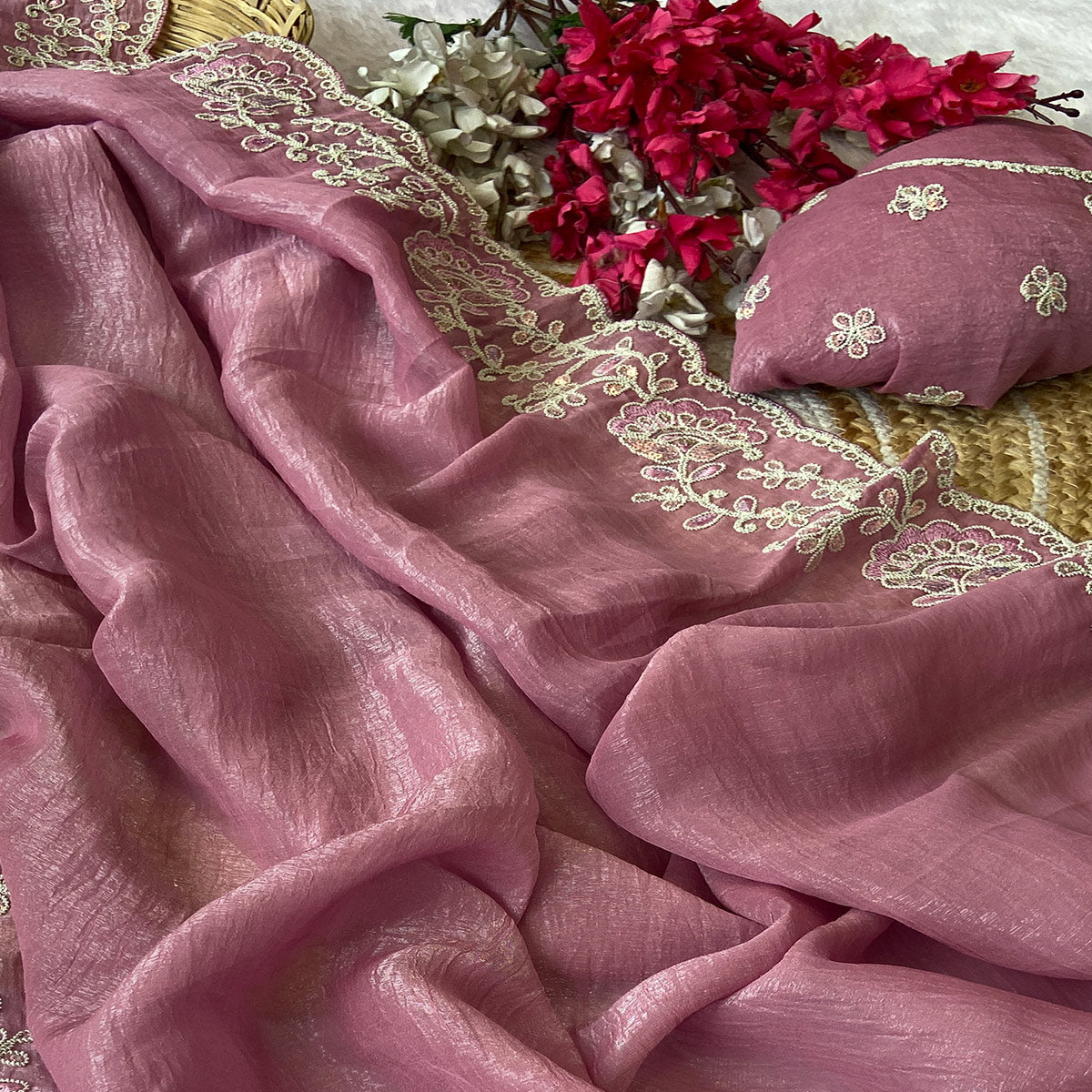 Designer Dusty Pink Crunchy Texture Tissue Saree with Embroidered Highlights