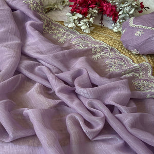 Designer Lavender Crunchy Texture Tissue Saree with Embroidered Highlights