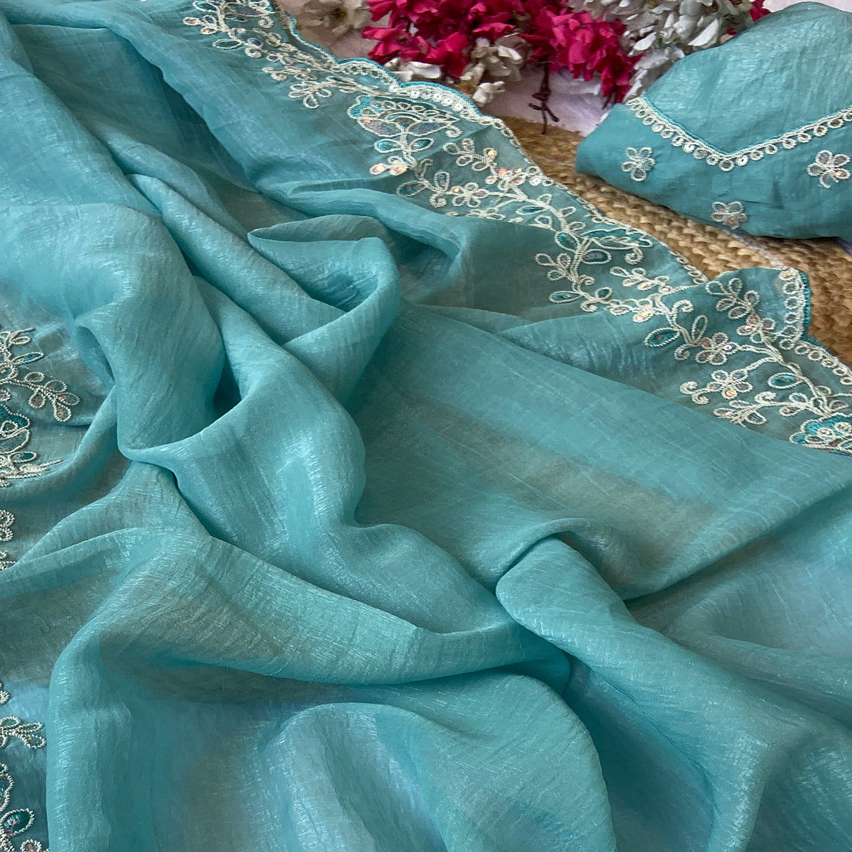 Designer Sea Green Crunchy Texture Tissue Saree with Embroidered Highlights