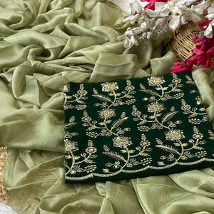 Green Moss Chiffon Drape with Modern Foil Print Touch