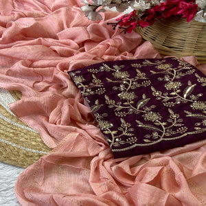 Peach Moss Chiffon Drape with Modern Foil Print Touch