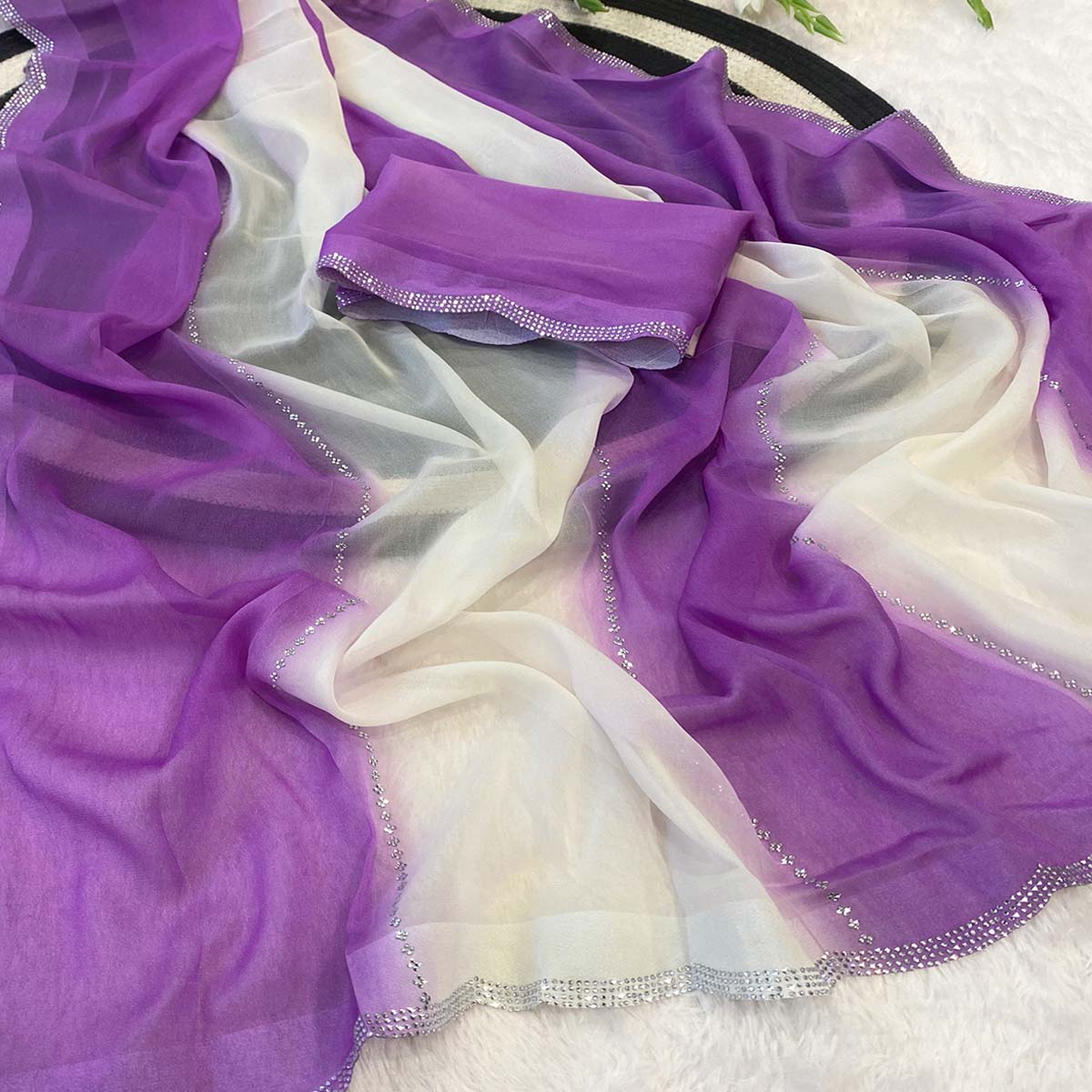 Purple Gradient Georgette Saree with Intricate Swarovski Crystal Star Motifs