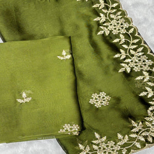 Mehendi Green Satin Saree with Intricate Floral Embroidery