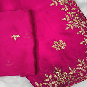 Pink Satin Saree with Intricate Floral Embroidery
