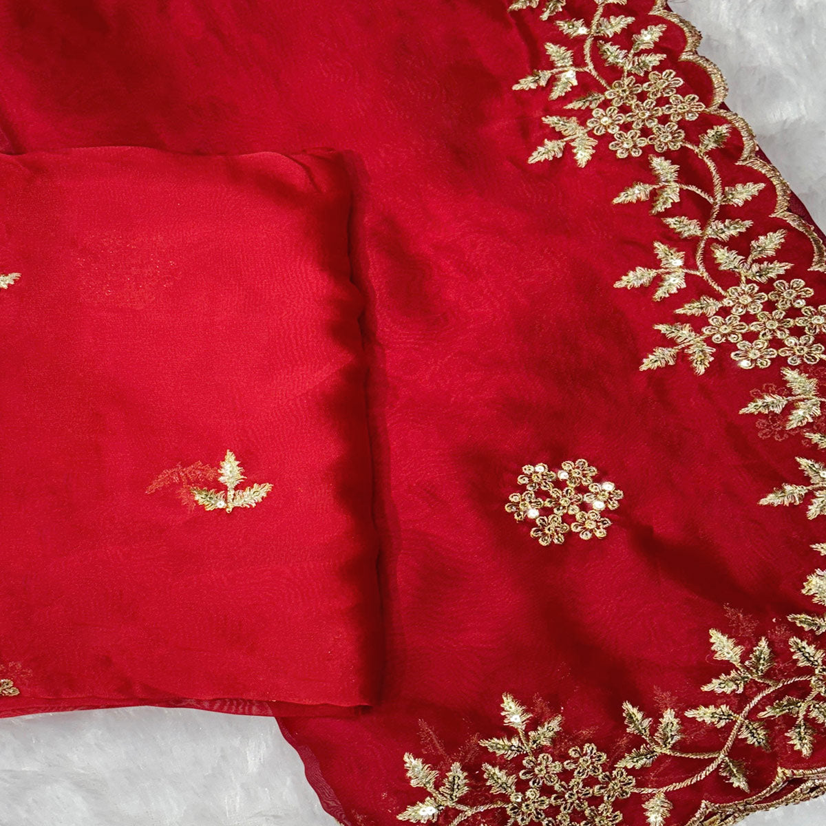 Red Satin Saree with Intricate Floral Embroidery