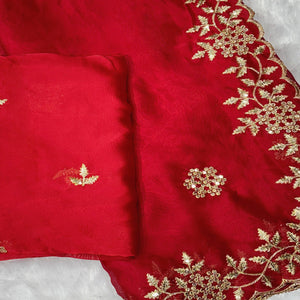 Red Satin Saree with Intricate Floral Embroidery