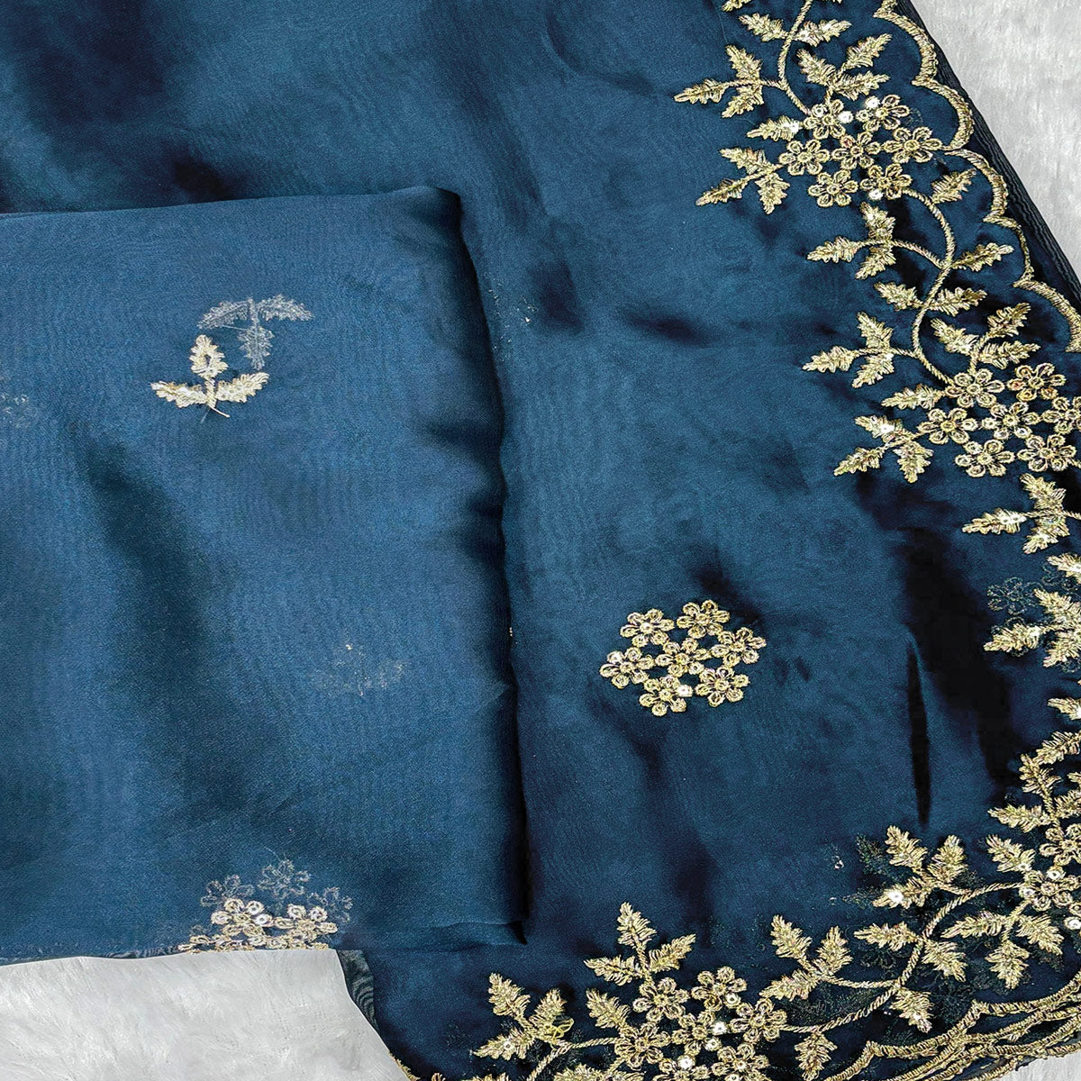 Teal Satin Saree with Intricate Floral Embroidery