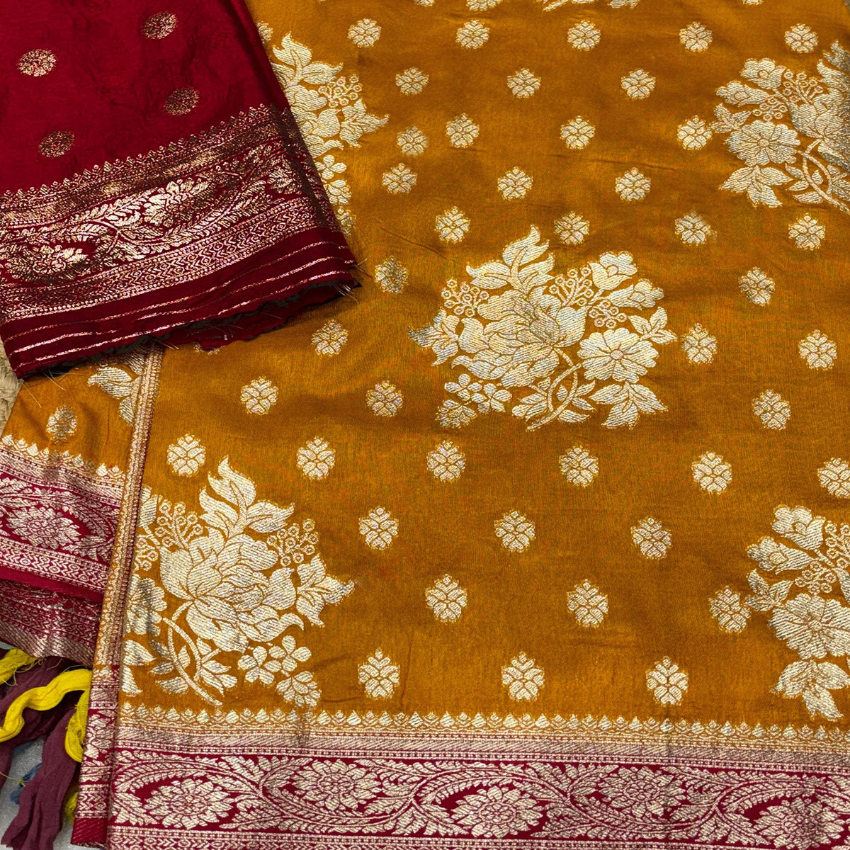 Mustard Dola Silk Woven Saree with Allover Zari Butti Design
