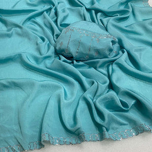 Blue Embellished Silk Blend Saree Featuring Fine Swarovski Stone Detailing
