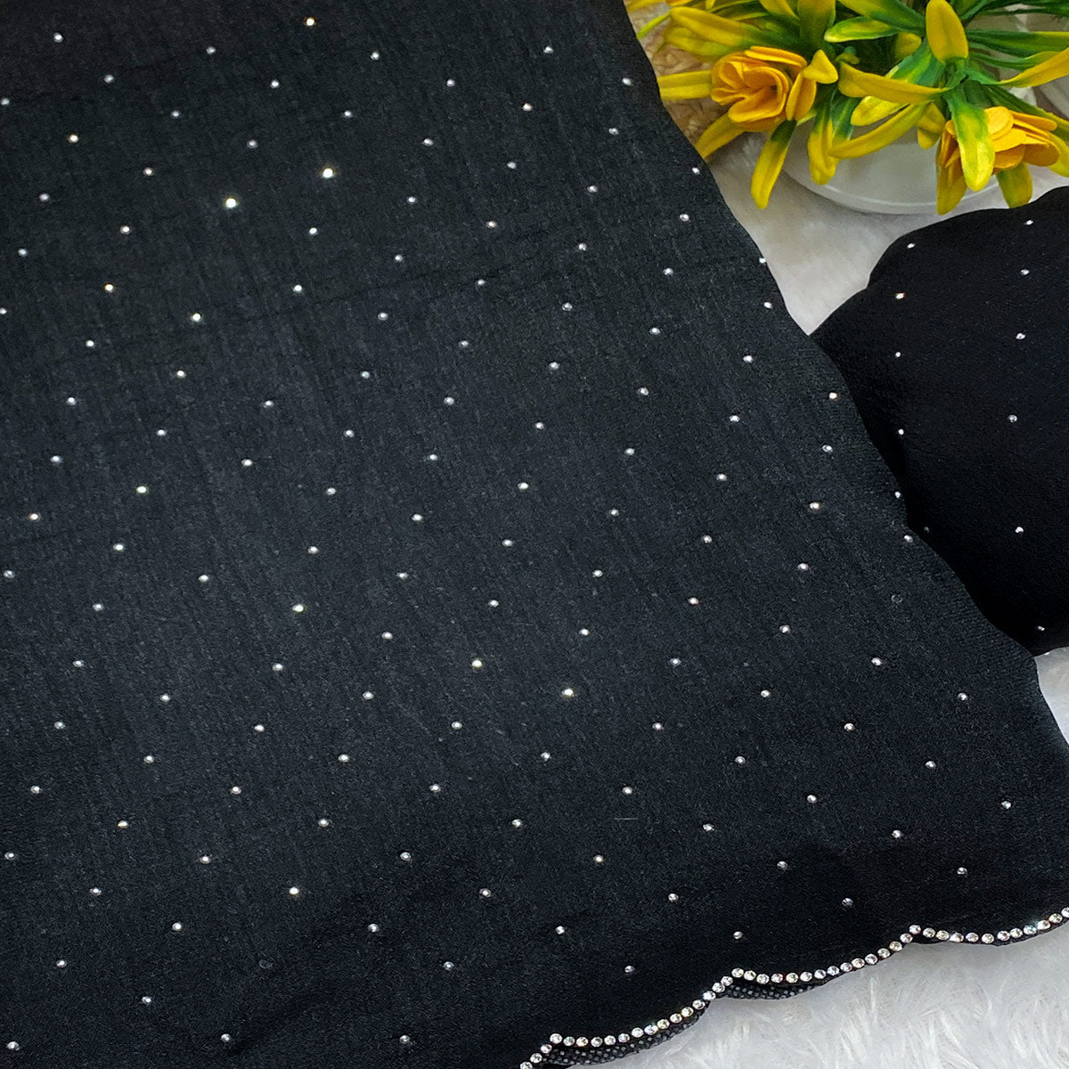 Black Vichitra Silk Saree Accented with Stone Embellishments