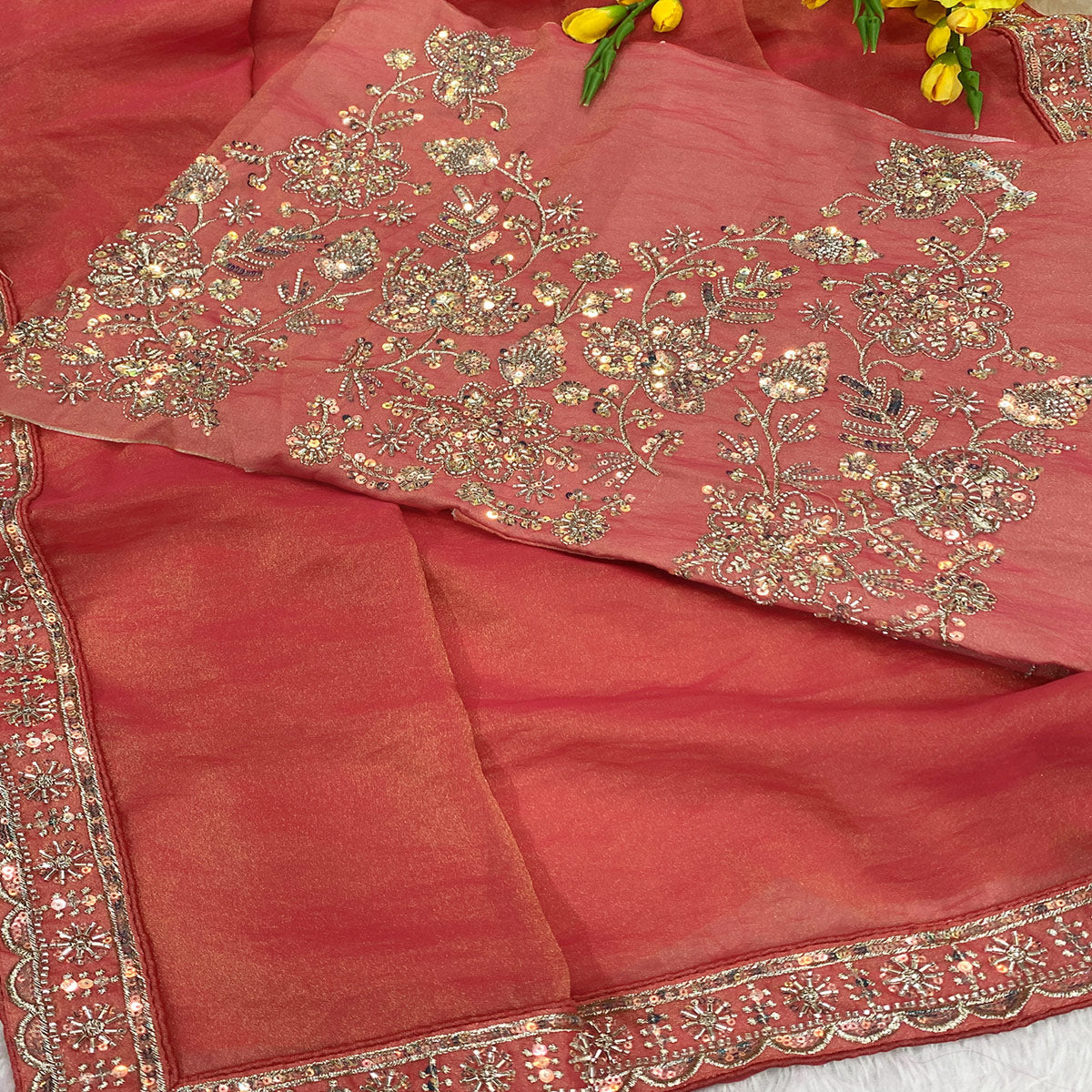 Designer Gajri Pink Satin Saree Featuring Stone & Embroidery Work