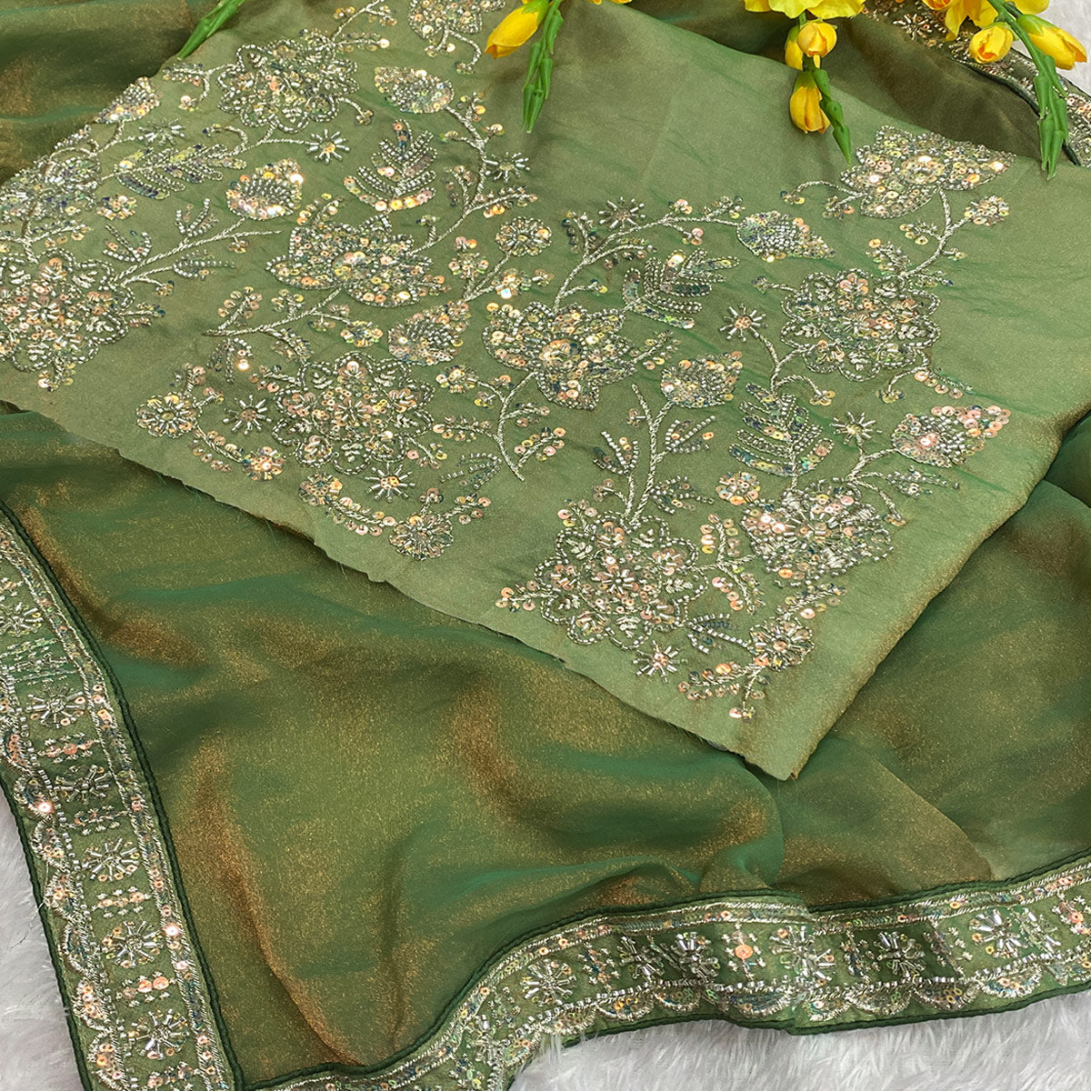 Designer Green Satin Saree Featuring Stone & Embroidery Work