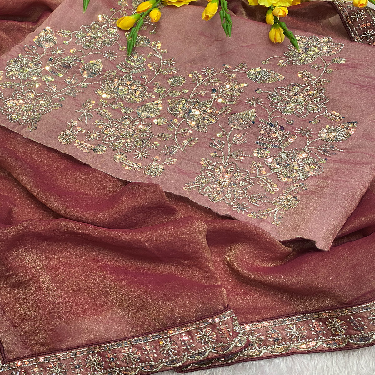 Designer Muted Mauve Satin Saree Featuring Stone & Embroidery Work
