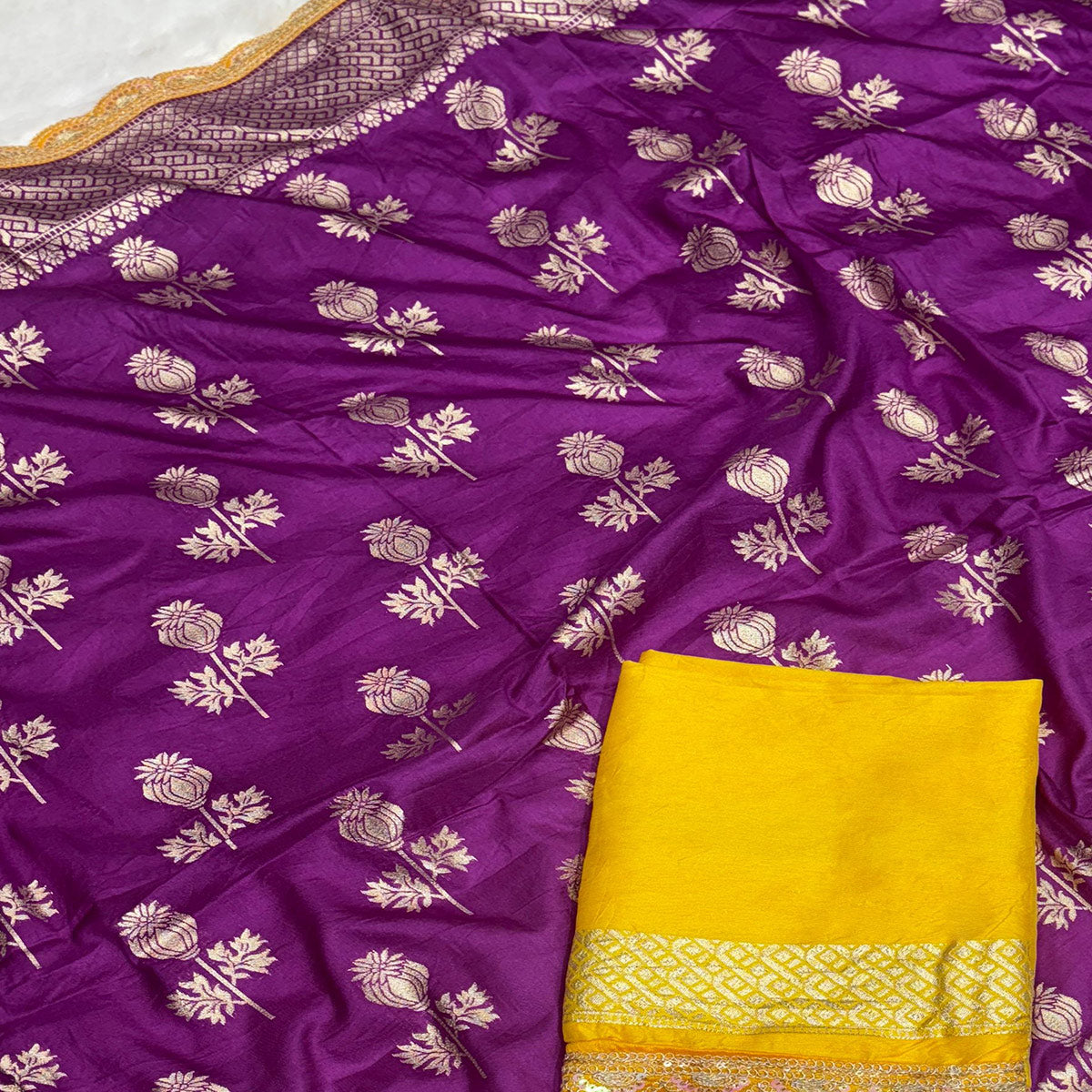 Regal Dola Silk Saree in Royal Purple Featuring Floral Weaves