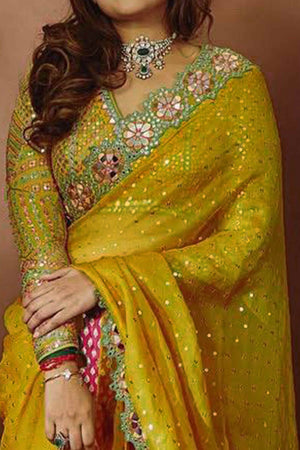 Embroidered Mustard Georgette Saree with Shimmering Mirror Accents
