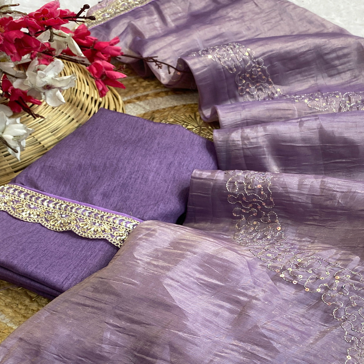 Lavender Tissue Saree Adorned with Elegant Sequins Embroidery