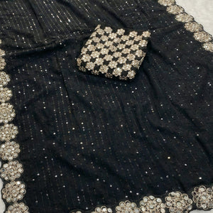 Stunning Black Georgette Party Wear Saree Adorned with Heavy Sequins Embellishment