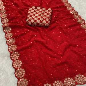 Stunning Red Georgette Party Wear Saree Adorned with Heavy Sequins Embellishment
