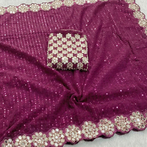 Stunning Wine Georgette Party Wear Saree Adorned with Heavy Sequins Embellishment