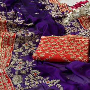 Designer Violet Embroidered Satin Saree with Fine Thread Detailing