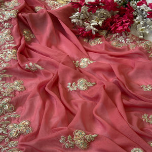 Heavy Thread Embroidered Pink Georgette Saree for Party Wears