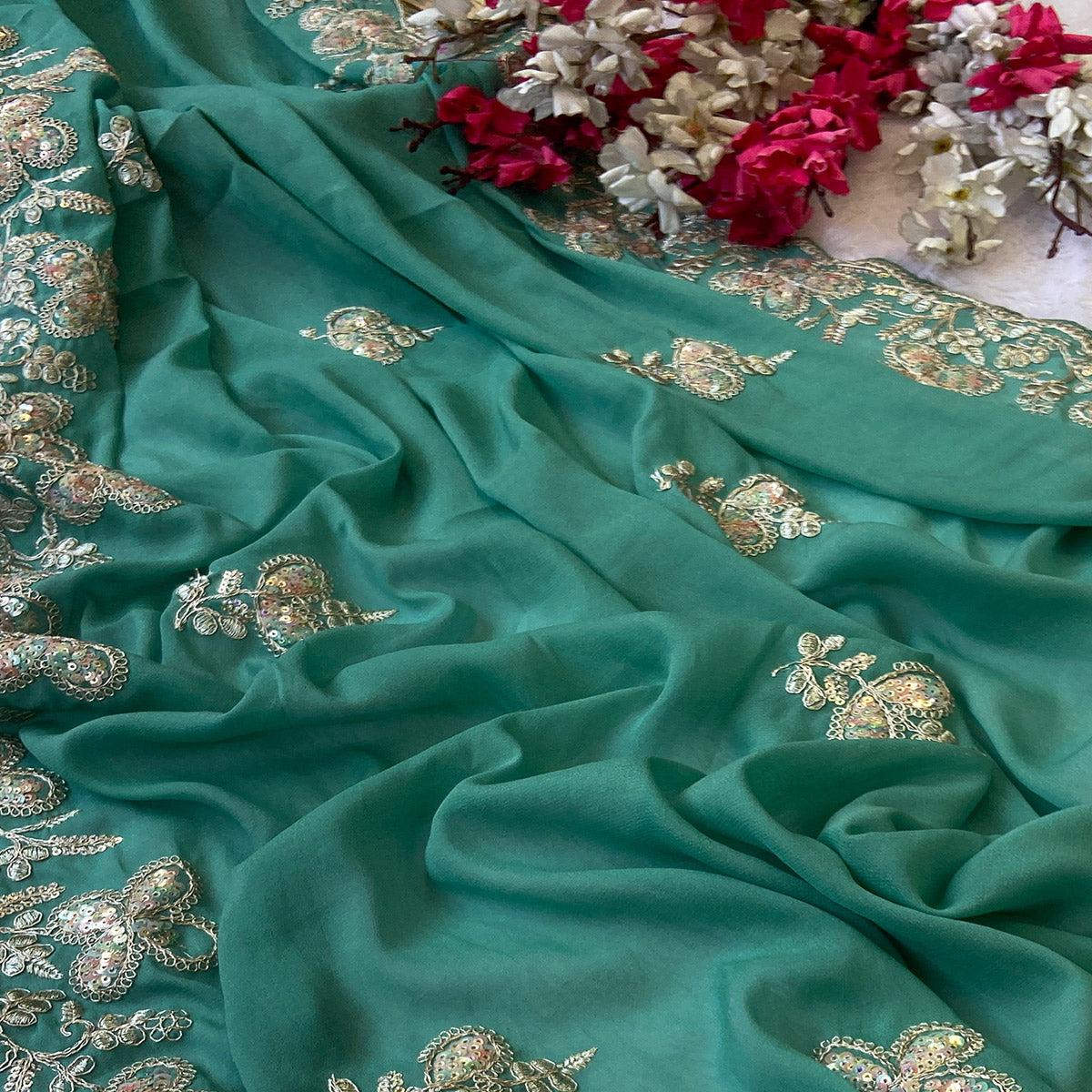 Heavy Thread Embroidered Sea Green Georgette Saree for Party Wears