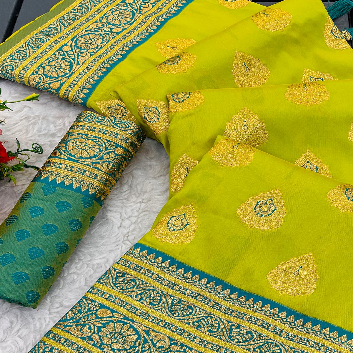 Rich Green Banarasi Look Pure Silk Saree with Zari Butti Weaving