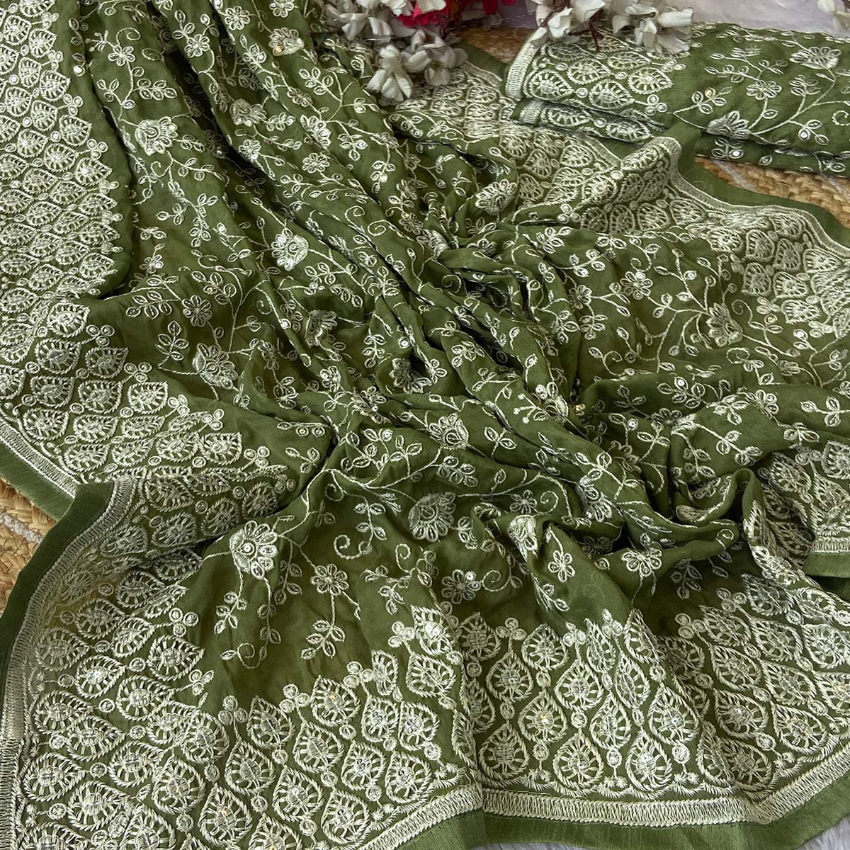 Green Georgette Saree With Sparkling Sequins & Delicate Floral Embroidery